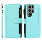 For Samsung Galaxy S23 Ultra 5G Magnetic Closure 9 Card Slots Zipper Leather Case with Hand Strap(Mint Green) - 2