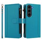 For Samsung Galaxy S23 5G Magnetic Closure Nine Card Slots Zipper Leather Case with Hand Strap(Turquoise) - 2