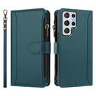For Samsung Galaxy S22 Ultra 5G Magnetic Closure 9 Card Slots Zipper Leather Case with Hand Strap(Dark Green) - 2