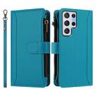 For Samsung Galaxy S22 Ultra 5G Magnetic Closure 9 Card Slots Zipper Leather Case with Hand Strap(Turquoise) - 2