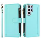 For Samsung Galaxy S22 Ultra 5G Magnetic Closure 9 Card Slots Zipper Leather Case with Hand Strap(Mint Green) - 2