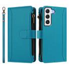 For Samsung Galaxy S22 5G Magnetic Closure 9 Card Slots Zipper Leather Case with Hand Strap(Turquoise) - 2