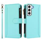 For Samsung Galaxy S22 5G Magnetic Closure 9 Card Slots Zipper Leather Case with Hand Strap(Mint Green) - 2