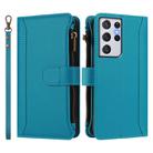 For Samsung Galaxy S21 Ultra 5G Magnetic Closure 9 Card Slots Zipper Leather Case with Hand Strap(Turquoise) - 2
