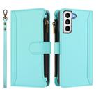 For Samsung Galaxy S21+ 5G Magnetic Closure 9 Card Slots Zipper Leather Case with Hand Strap(Mint Green) - 2