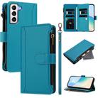 For Samsung Galaxy S21 5G Magnetic Closure Nine Card Slots Zipper Leather Case with Hand Strap(Turquoise) - 1