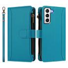 For Samsung Galaxy S21 5G Magnetic Closure Nine Card Slots Zipper Leather Case with Hand Strap(Turquoise) - 2