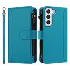For Samsung Galaxy S21 FE 5G Magnetic Closure 9 Card Slots Zipper Leather Case with Hand Strap(Turquoise) - 2