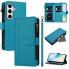 For Samsung Galaxy S24 FE 5G Magnetic Closure 9 Card Slots Zipper Leather Case with Hand Strap(Turquoise) - 1