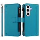 For Samsung Galaxy S24 FE 5G Magnetic Closure 9 Card Slots Zipper Leather Case with Hand Strap(Turquoise) - 2