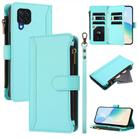 For Samsung Galaxy M32 4G / M22 Magnetic Closure 9 Card Slots Zipper Leather Case with Hand Strap(Mint Green) - 1