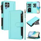 For Samsung Galaxy M33 5G Magnetic Closure 9 Card Slots Zipper Leather Case with Hand Strap(Mint Green) - 1