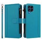 For Samsung Galaxy M53 5G Magnetic Closure 9 Card Slots Zipper Leather Case with Hand Strap(Turquoise) - 2