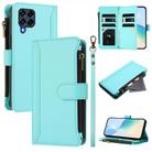 For Samsung Galaxy M53 5G Magnetic Closure 9 Card Slots Zipper Leather Case with Hand Strap(Mint Green) - 1