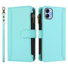 For Samsung Galaxy A04e / F04 / M04 4G Magnetic Closure 9 Card Slots Zipper Leather Case with Hand Strap(Mint Green) - 2