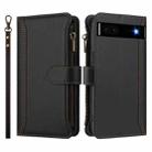 For Google Pixel 6a Magnetic Closure 9 Card Slots Zipper Leather Case with Hand Strap(Black) - 2