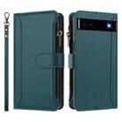 For Google Pixel 6a Magnetic Closure 9 Card Slots Zipper Leather Case with Hand Strap(Dark Green) - 2
