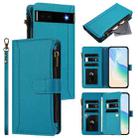 For Google Pixel 6a Magnetic Closure 9 Card Slots Zipper Leather Case with Hand Strap(Turquoise) - 1