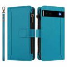 For Google Pixel 6a Magnetic Closure 9 Card Slots Zipper Leather Case with Hand Strap(Turquoise) - 2