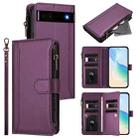 For Google Pixel 6a Magnetic Closure 9 Card Slots Zipper Leather Case with Hand Strap(Purple) - 1