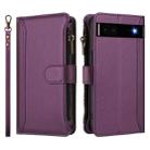 For Google Pixel 6a Magnetic Closure 9 Card Slots Zipper Leather Case with Hand Strap(Purple) - 2