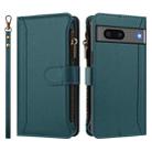 For Google Pixel 7 5G Magnetic Closure 9 Card Slots Zipper Leather Case with Hand Strap(Dark Green) - 2