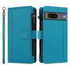 For Google Pixel 7 5G Magnetic Closure 9 Card Slots Zipper Leather Case with Hand Strap(Turquoise) - 2