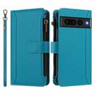 For Google Pixel 7 Pro 5G Magnetic Closure 9 Card Slots Zipper Leather Case with Hand Strap(Turquoise) - 2