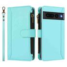 For Google Pixel 7 Pro 5G Magnetic Closure 9 Card Slots Zipper Leather Case with Hand Strap(Mint Green) - 2