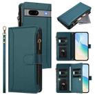 For Google Pixel 7a Magnetic Closure 9 Card Slots Zipper Leather Case with Hand Strap(Dark Green) - 1
