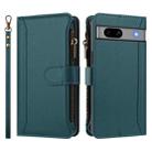 For Google Pixel 7a Magnetic Closure 9 Card Slots Zipper Leather Case with Hand Strap(Dark Green) - 2