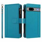 For Google Pixel 7a Magnetic Closure 9 Card Slots Zipper Leather Case with Hand Strap(Turquoise) - 2