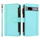 For Google Pixel 7a Magnetic Closure 9 Card Slots Zipper Leather Case with Hand Strap(Mint Green) - 2