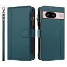 For Google Pixel 8 Magnetic Closure 9 Card Slots Zipper Leather Case with Hand Strap(Dark Green) - 2