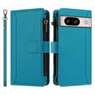 For Google Pixel 8 Magnetic Closure 9 Card Slots Zipper Leather Case with Hand Strap(Turquoise) - 2