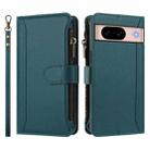 For Google Pixel 8a Magnetic Closure 9 Card Slots Zipper Leather Case with Hand Strap(Dark Green) - 2