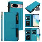 For Google Pixel 8a Magnetic Closure 9 Card Slots Zipper Leather Case with Hand Strap(Turquoise) - 1