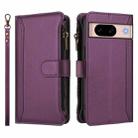 For Google Pixel 8a Magnetic Closure 9 Card Slots Zipper Leather Case with Hand Strap(Purple) - 2