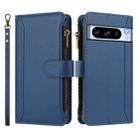 For Google Pixel 8 Pro Magnetic Closure 9 Card Slots Zipper Leather Case with Hand Strap(Dark Blue) - 2