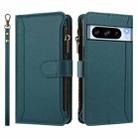 For Google Pixel 8 Pro Magnetic Closure 9 Card Slots Zipper Leather Case with Hand Strap(Dark Green) - 2