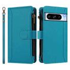For Google Pixel 8 Pro Magnetic Closure 9 Card Slots Zipper Leather Case with Hand Strap(Turquoise) - 2
