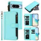 For Google Pixel 8 Pro Magnetic Closure 9 Card Slots Zipper Leather Case with Hand Strap(Mint Green) - 1