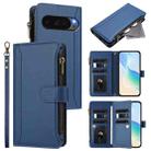 For Google Pixel 10 Pro XL 5G Magnetic Closure 9 Card Slots Zipper Leather Case with Hand Strap(Dark Blue) - 1