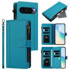 For Google Pixel 10 Pro XL 5G Magnetic Closure 9 Card Slots Zipper Leather Case with Hand Strap(Turquoise) - 1