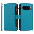 For Google Pixel 10 Pro XL 5G Magnetic Closure 9 Card Slots Zipper Leather Case with Hand Strap(Turquoise) - 2