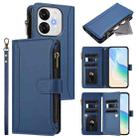 For itel A80 4G Magnetic Closure 9 Card Slots Zipper Leather Case with Hand Strap(Dark Blue) - 1