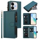 For itel A80 4G Magnetic Closure 9 Card Slots Zipper Leather Case with Hand Strap(Dark Green) - 1