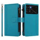 For itel P40 Magnetic Closure 9 Card Slots Zipper Leather Case with Hand Strap(Turquoise) - 2