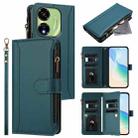 For itel P55 5G Magnetic Closure 9 Card Slots Zipper Leather Case with Hand Strap(Dark Green) - 1