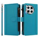 For Tecno Camon 30 4G / 5G Magnetic Closure 9 Card Slots Zipper Leather Case with Hand Strap(Turquoise) - 2
